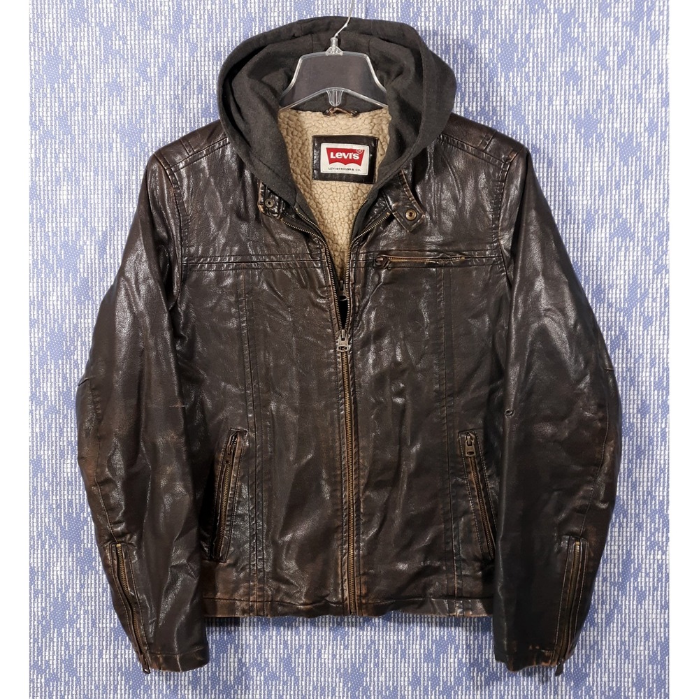 Levi's Jacket Mens Medium Sherpa‎ Fleece Lined Polyurethane Hooded Brown